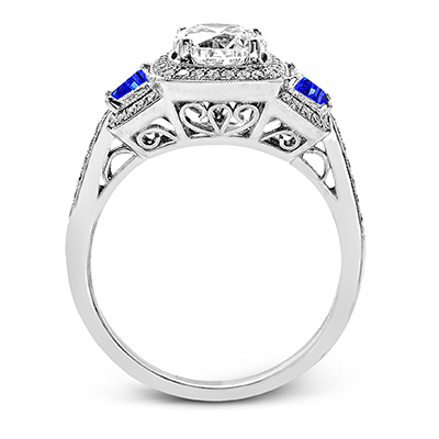 Simon G. Round Cut Three Stone Halo Engagement Ring with 0.23CTW Diamonds & 0.62CTW Sapphires