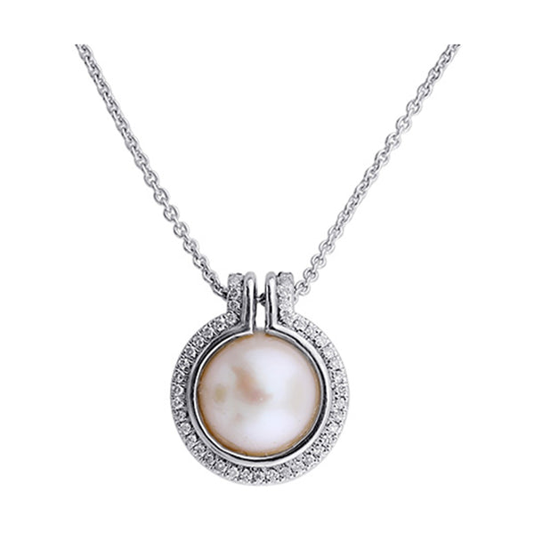 Silver Diamond 1/8Ctw & Pearl 6 7/8Ctw Pendant