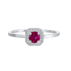 White Gold Diamond and Created Ruby Gemstone Ring