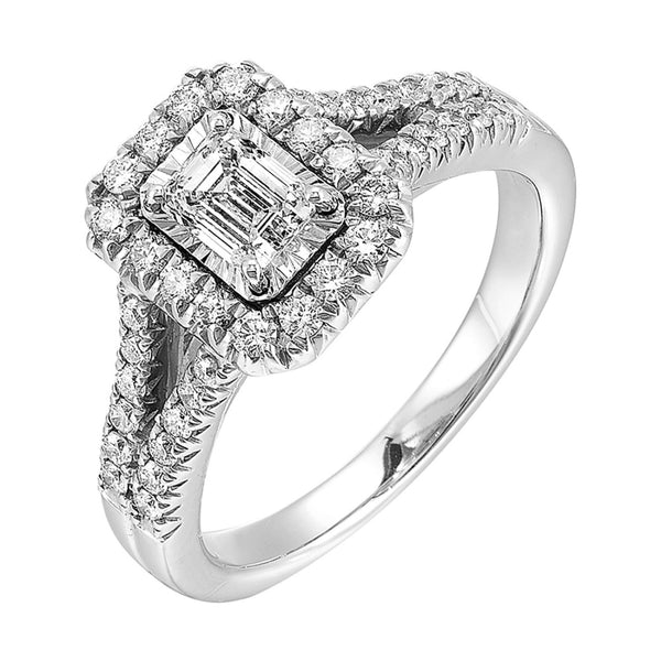 Tru Reflection Complete Ring with Emerald Cut Diamond and Halo