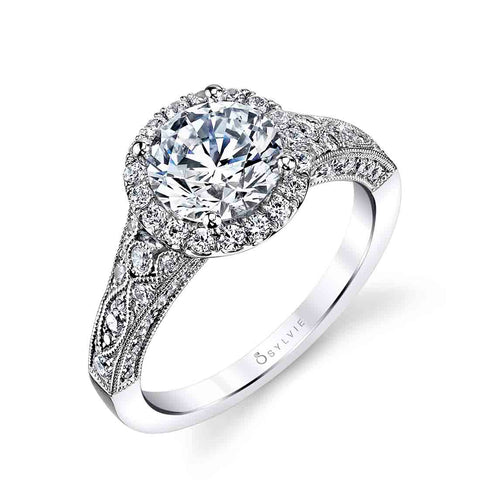 Round Cut Modern Vintage Cushion Halo Engagement Ring - Cheri