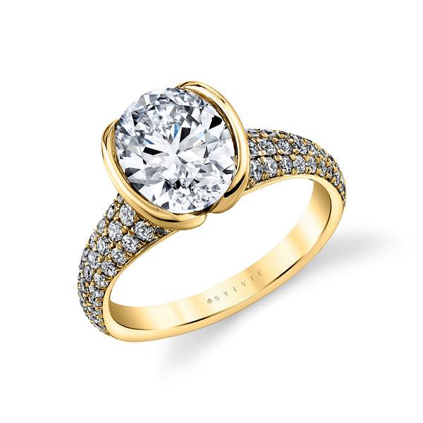Shell Auranova Half Bezel Pavé Engagement Ring with Shell Tip Silhouettes - Aureline