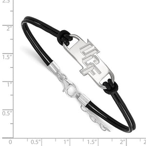 Sterling Silver Rhodium-plated LogoArt U of Central Florida U-C-F Small Center Black Leather 7 inch Bracelet with Extender