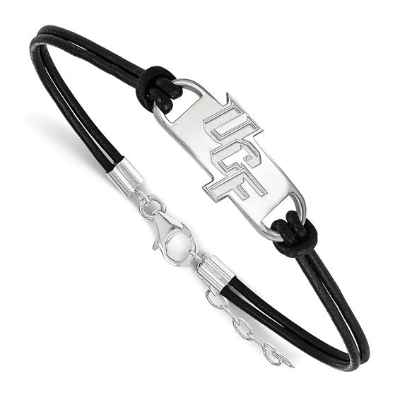 Sterling Silver Rhodium-plated LogoArt U of Central Florida U-C-F Small Center Black Leather 7 inch Bracelet with Extender