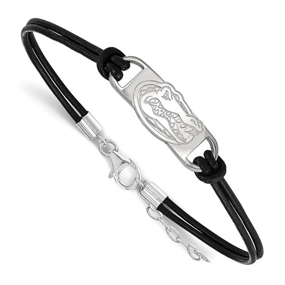 Sterling Silver Rhodium-plated LogoArt University of Florida Gator Small Center Black Leather 7 inch Bracelet with Extender
