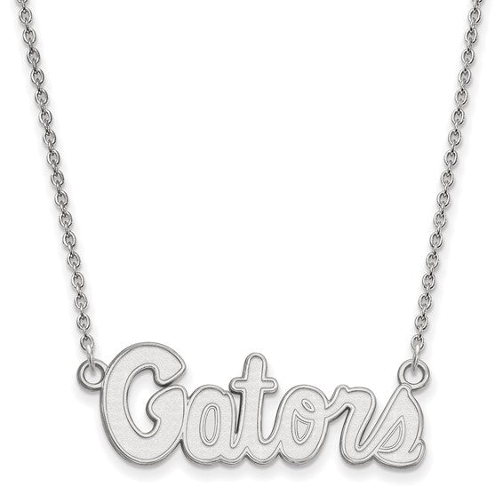 10k White Gold LogoArt University of Florida Gators Script Small Pendant 18 inch Necklace