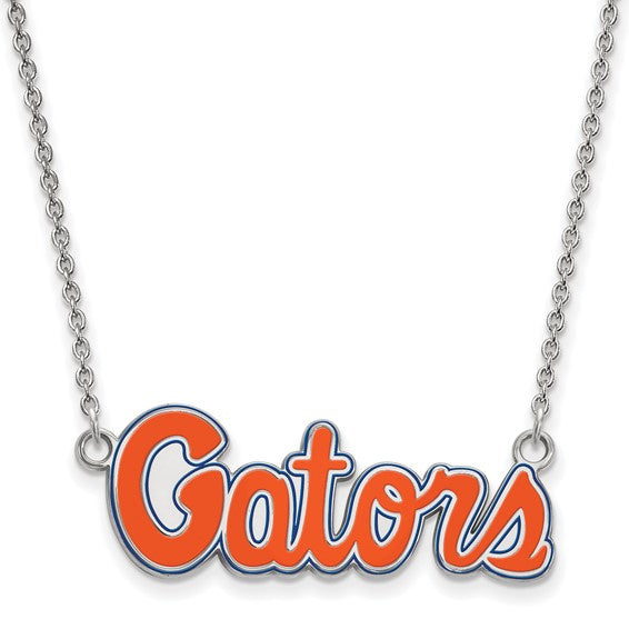 Sterling Silver Rhodium-plated LogoArt University of Florida Gators Script Small Enameled Pendant 18 inch Necklace
