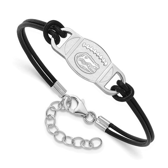 Sterling Silver Rhodium-plated LogoArt University of Florida Gator Football Black Leather 7 inch Bracelet with Extender