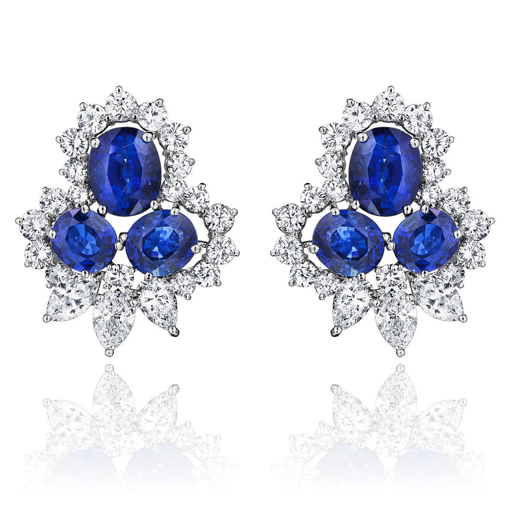 Sapphire & Diamond Cluster Halo Platinum Earrings 19.45TGW