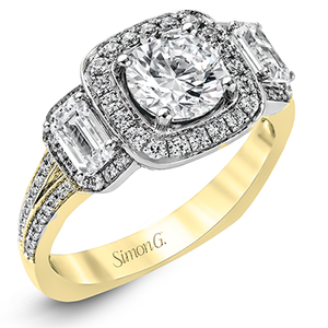 Simon G. Round Cut Three Stone Halo Engagement Ring 0.80CTW