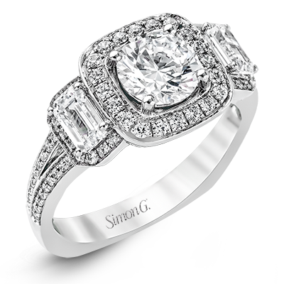 Simon G. Round Cut Three Stone Halo Engagement Ring 0.80CTW