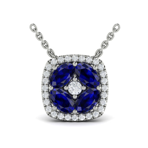 Vlora Adella Diamond Cushion Halo and Sapphire Necklace in 14K Gold