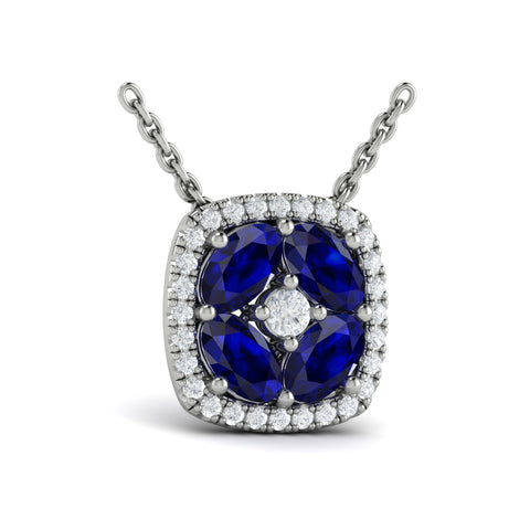 Vlora Adella Diamond Cushion Halo and Sapphire Necklace in 14K Gold