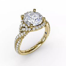 Load image into Gallery viewer, FANA Contemporary Round Diamond Halo Engagement Ring With Twisted Shank Gold