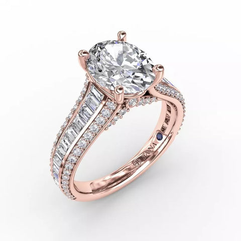 FANA Oval Diamond Solitaire Engagement Ring With Baguettes and Pavé Rose