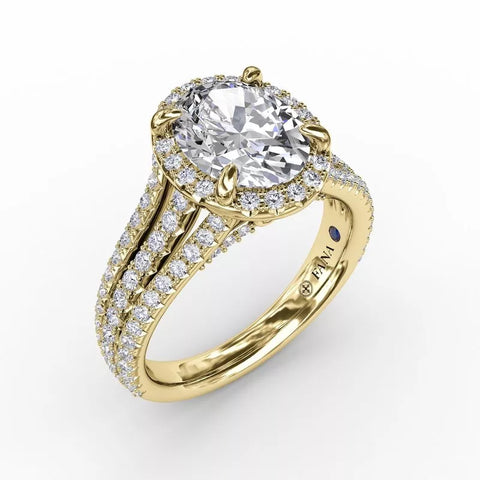 FANA Oval Diamond Halo Engagement Ring With Triple-Row Diamond Band Gold
