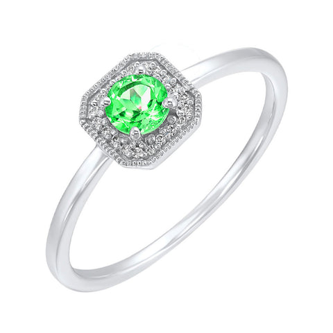 White Gold Diamond and Created Emerald Gemstone Ring