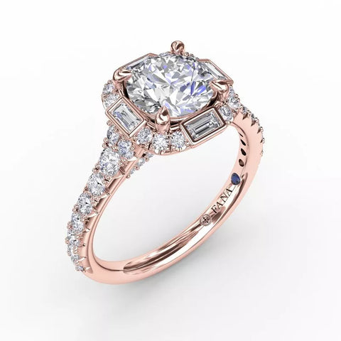 FANA Cushion Shaped Diamond Halo Engagement Ring With Baguettes Rose