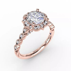 FANA Round Diamond Engagement With Floral Halo and Milgrain Details Rose