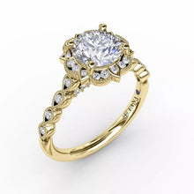 Load image into Gallery viewer, FANA Round Diamond Engagement With Floral Halo and Milgrain Details Gold