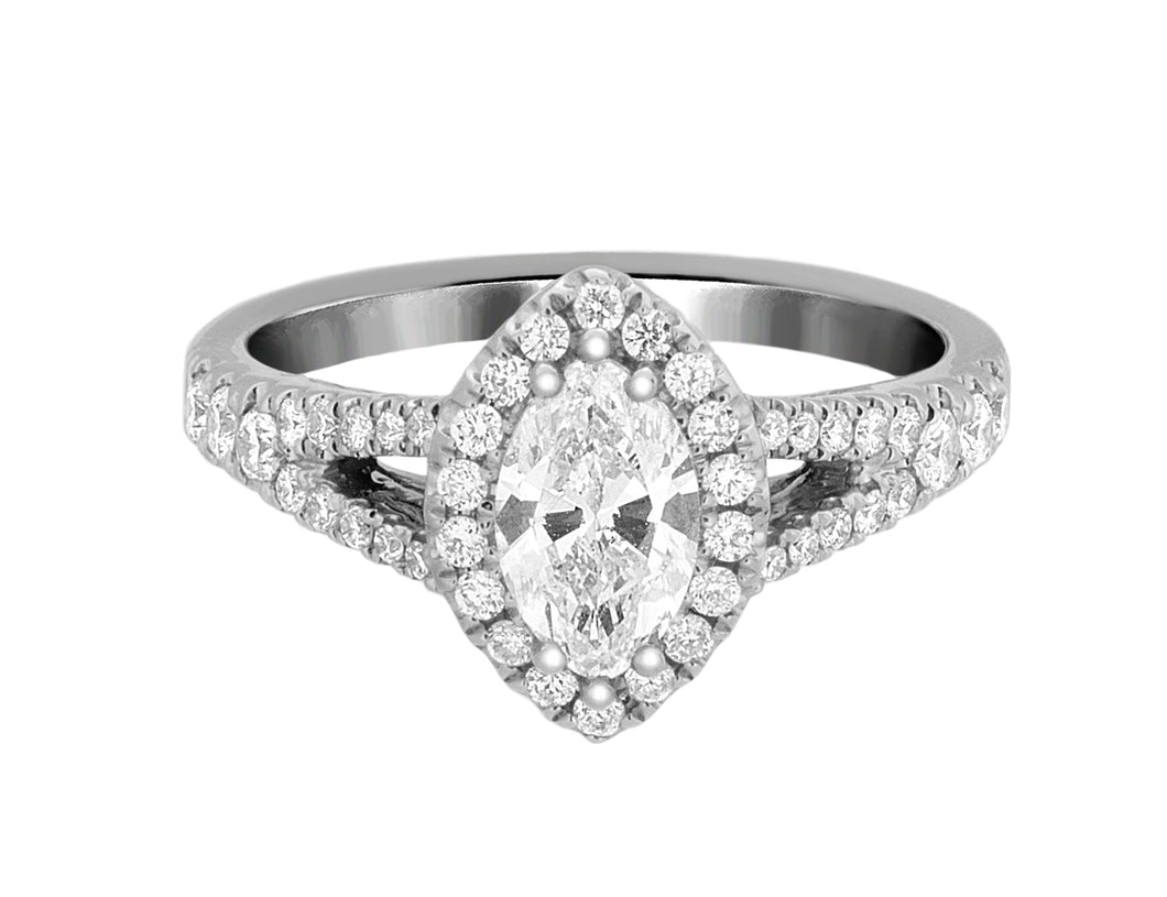 Complete Rings 14kt White Gold Diamond Split Shank and Diamond Halo Engagement Ring