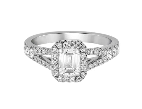 Complete Rings White Gold with 0.52 CTW Emerald Diamond Center Stone Halo Engagement Ring