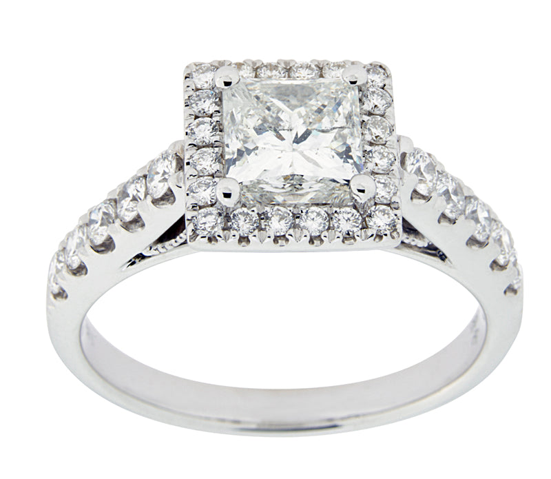 Complete Rings White Gold with .89 CTW Princess Diamond Diamond Center Stone Halo Engagement Ring