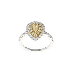 Pear Double Halo Complete Yellow and White Diamond Engagement Ring set in 14K Yellow Gold (0.85CTW)