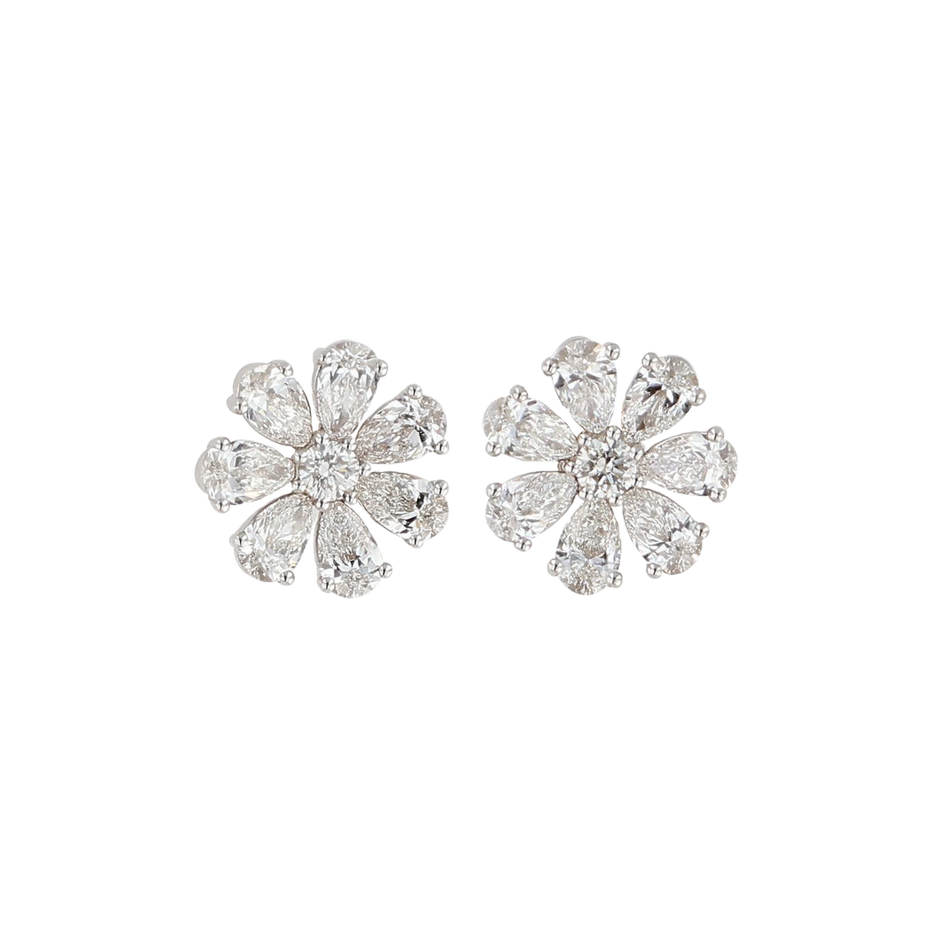Round & Pear Shaped Diamond Flower Stud Earrings 2.91CTW