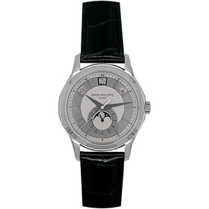 Pre Owned Patek Philippe 18K White Gold Annual Calendar Black Leather Strap