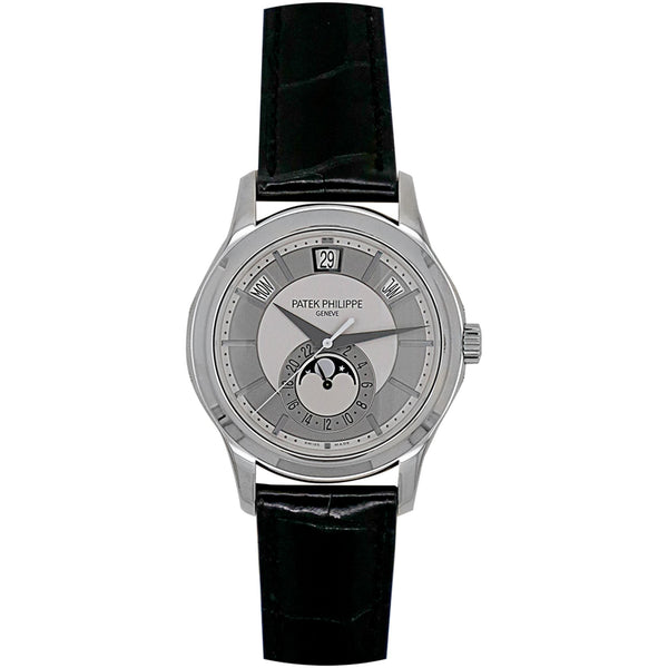 Pre-Owned Patek Philippe 18K White Gold Annual Calendar Black Leather Strap Watch