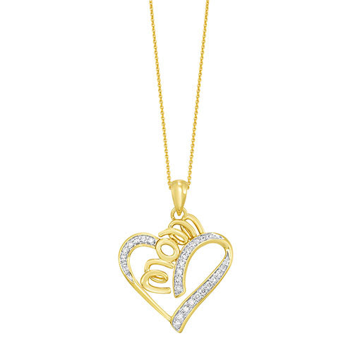 Diamond MOM Swirling Ribbon Heart Halo Pendant In 10k Yellow Gold & Sterling Silver