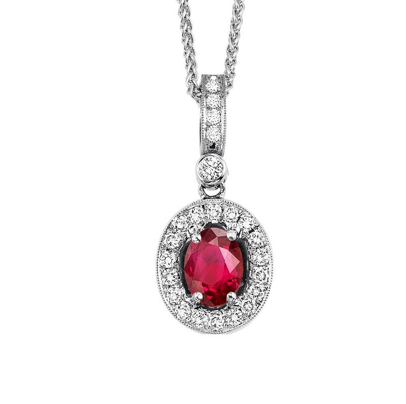 14KW Color Ens Halo Prong Ruby Pendant 1/8CT | International Diamond Center