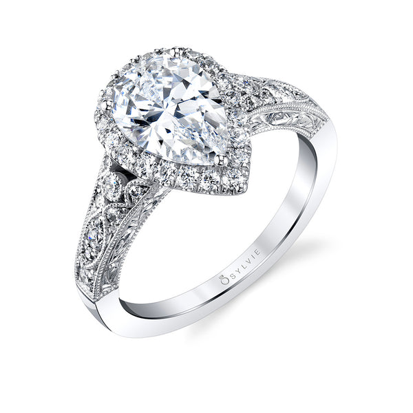 Sylvie Seraphina Vintage Pear Shaped Halo Engagement Ring