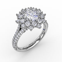 Load image into Gallery viewer, Contemporary Floral Halo Engagement Ring With Double-Row Pavé Band