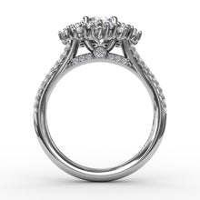 Load image into Gallery viewer, Contemporary Floral Halo Engagement Ring With Double-Row Pavé Band