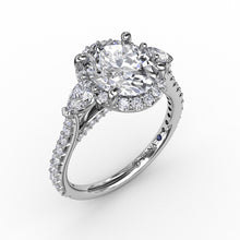 Load image into Gallery viewer, Oval Diamond Halo Engagement Ring With Pear-Shape Diamond Side Stones