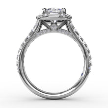 Load image into Gallery viewer, Cushion Shaped Diamond Halo Engagement Ring With Baguettes