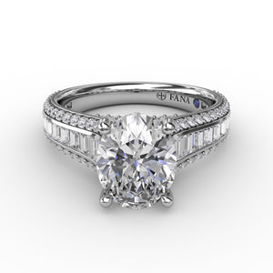 Oval Diamond Solitaire Engagement Ring With Baguettes and Pavé