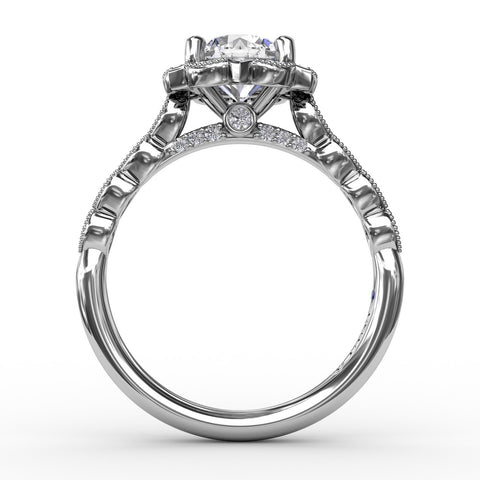 Round Diamond Engagement With Floral Halo and Milgrain Details