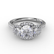 Load image into Gallery viewer, Three-Stone Round Diamond Halo Engagement Ring