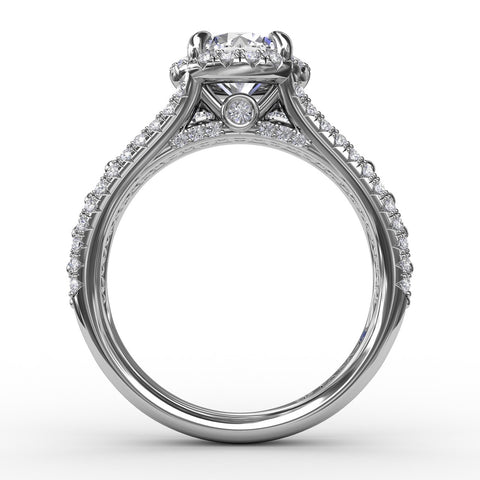 Classic Round Diamond Halo Engagement Ring With Triple-Row Diamond Band