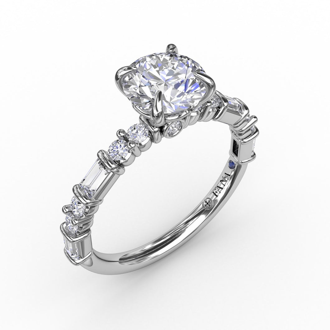 Contemporary Diamond Solitaire Engagement Ring With Baguettes and Round Diamond Accents