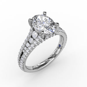Oval Diamond Solitaire Engagement Ring With Triple-Row Tapered Diamond Band