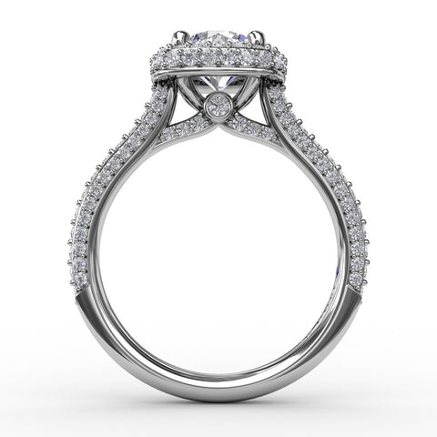 Cushion-Shaped Waterfall Halo Engagement Ring With Pavé Band