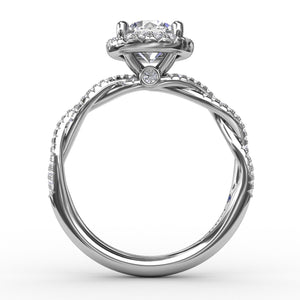 Classic Round Diamond Halo Engagement Ring With Twist Diamond Band
