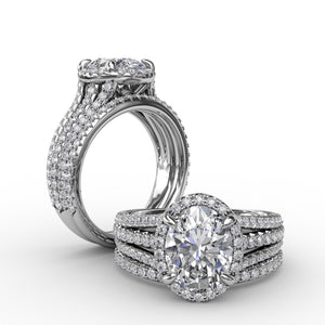 Oval Diamond Halo Engagement Ring With Triple-Row Diamond Band