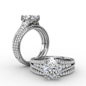 Oval Diamond Solitaire Engagement Ring With Triple-Row Tapered Diamond Band