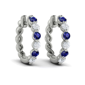 Vlora Adella 14K Gold Diamond and Blue Sapphire Twist Huggie Hoop Earrings (Diamond 0.33CTW, Blue Sapphire 0.48CTW )