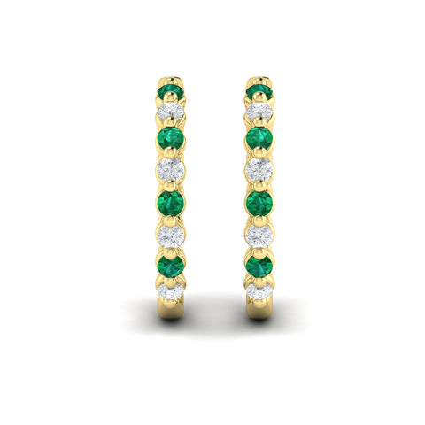 Vlora Adella 14K Gold Diamond and Emerald Twist Huggie Hoop Earrings (Diamond 0.36CTW, Emerald 0.43CTW )